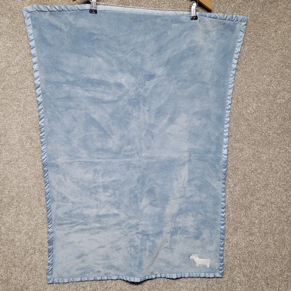 White Dog Baby Blanket Carter's Puppy Embroidered Blue‎ Satin Trim